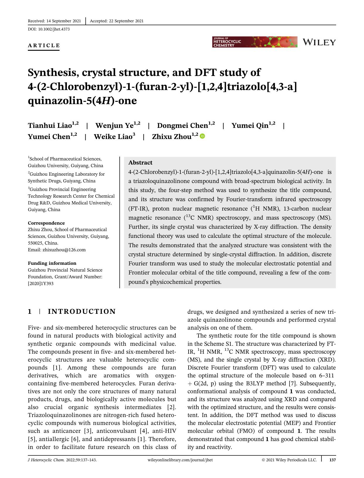 Synthesis, Crystal Structure and DFT Study of 4-(2-Chlorobenzyl)-1-(furan-2-yl)-[1,2,4]triazolo[4,3-a]quinazolin-5(4H)-one by Unknown