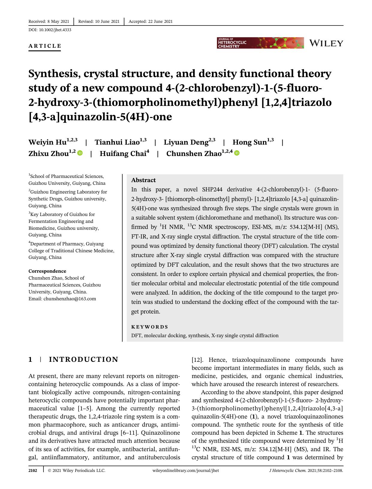 Synthesis, Crystal Structure and DFT Study of A NEW COMPOUND 4- (2-chlorobenzyl)-1- (5-fluoro-2-hydroxy-3-(thiomorpholinomethyl)phenyl [1,2,4]triazolo[4,3-a]quinazolin-5(4H)-one by Unknown