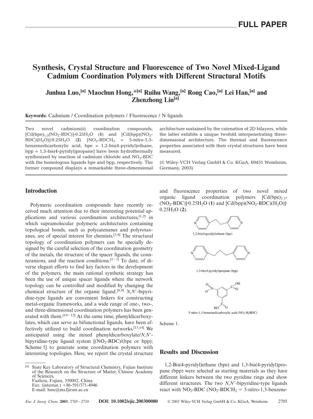 Synthesis, Crystal Structure and Fluorescence of Two Novel Mixed-Ligand Cadmium Coordination Polymers with Different Structural Motifs by Unknown