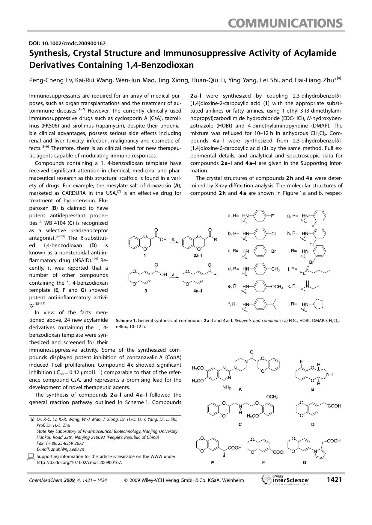 Synthesis, Crystal Structure and Immunosuppressive Activity of Acylamide Derivatives Containing 1,4-Benzodioxan by Unknown
