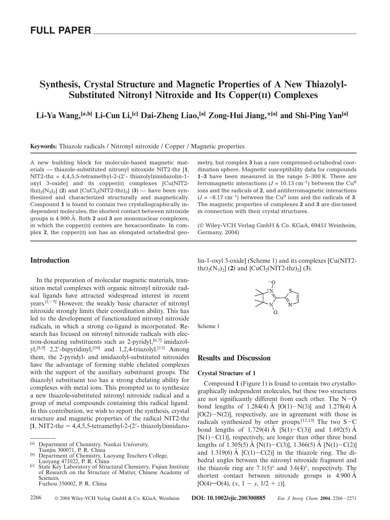 Synthesis, Crystal Structure and Magnetic Properties of A New Thiazolyl-Substituted Nitronyl Nitroxide and Its Copper(II) Complexes by Unknown