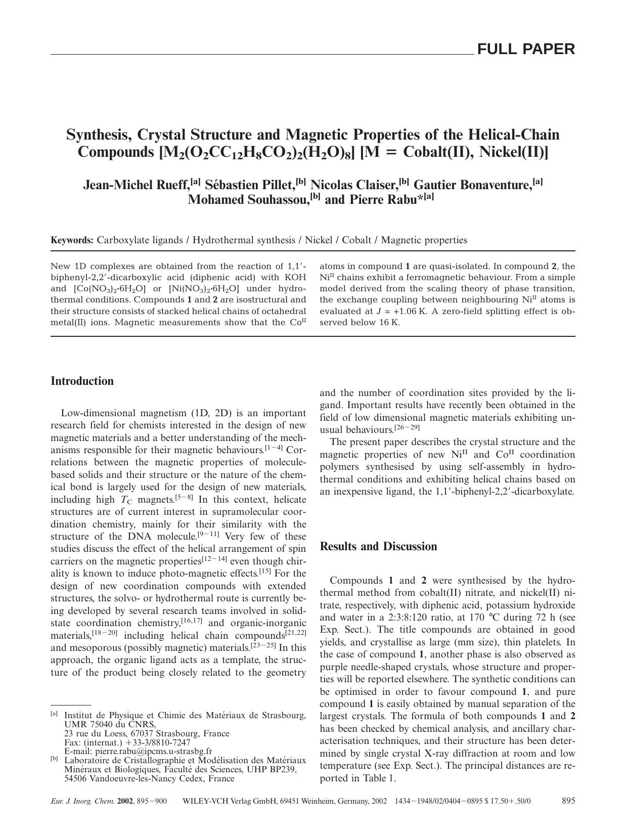 Synthesis, Crystal Structure and Magnetic Properties of the Helical-Chain Compounds [M2(O2CC12H8CO2)2(H2O)8] [M = Cobalt(II), Nickel(II)] by Unknown