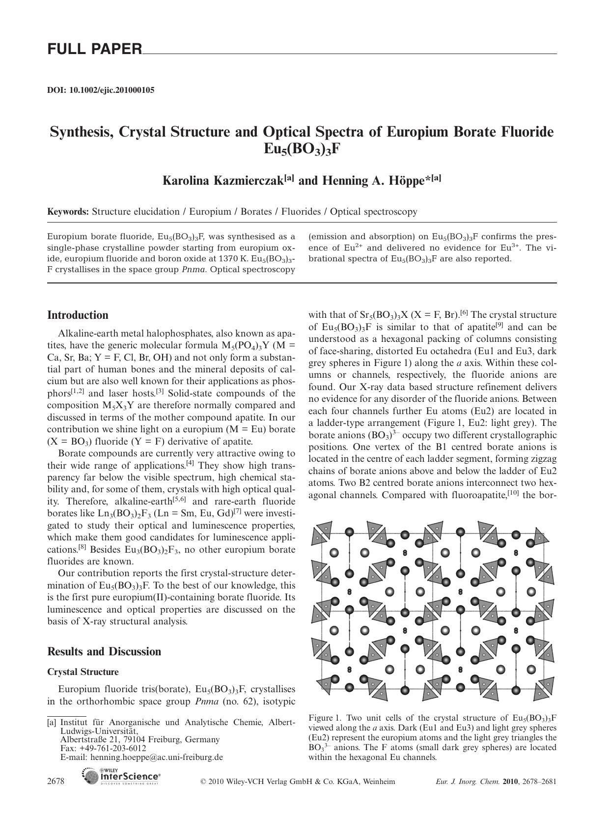 Synthesis, Crystal Structure and Optical Spectra of Europium Borate Fluoride Eu5(BO3)3F by Unknown