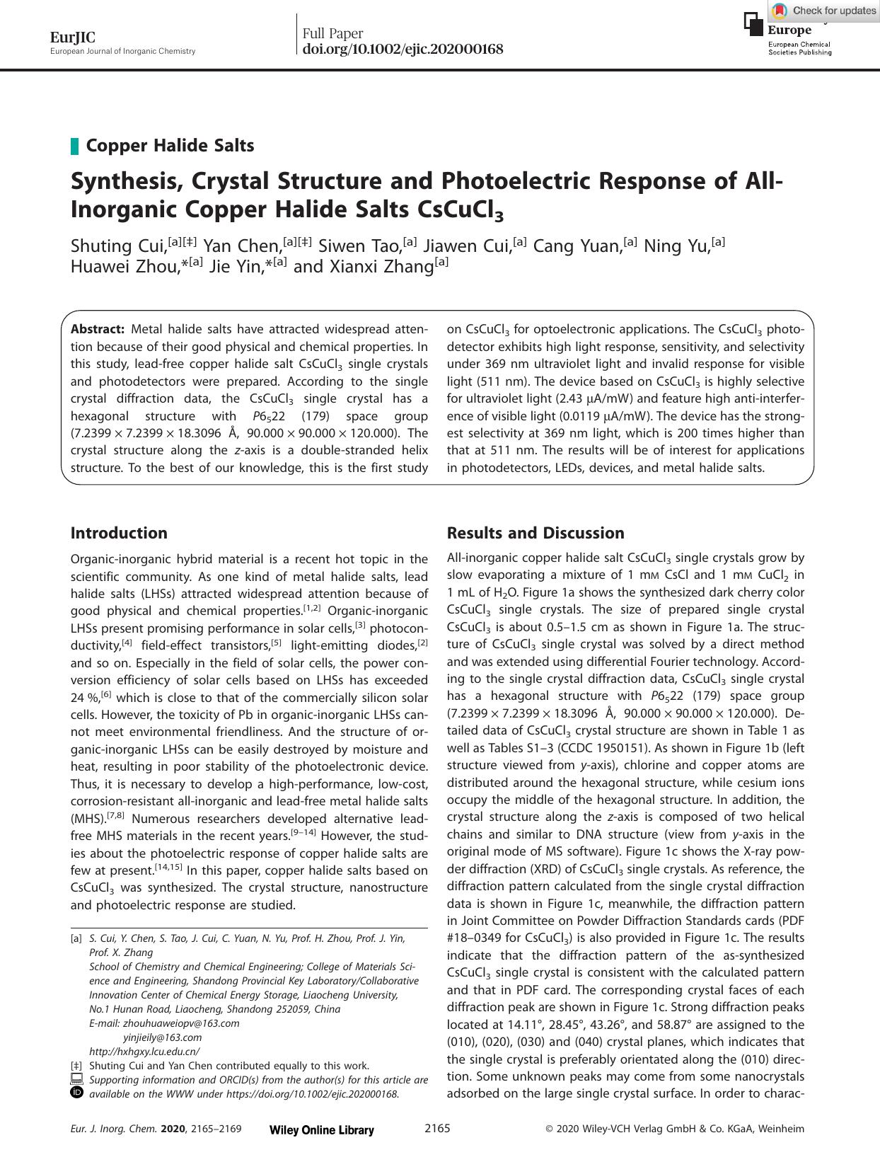 Synthesis, Crystal Structure and Photoelectric Response of AllâInorganic Copper Halide Salts CsCuCl3 by Unknown