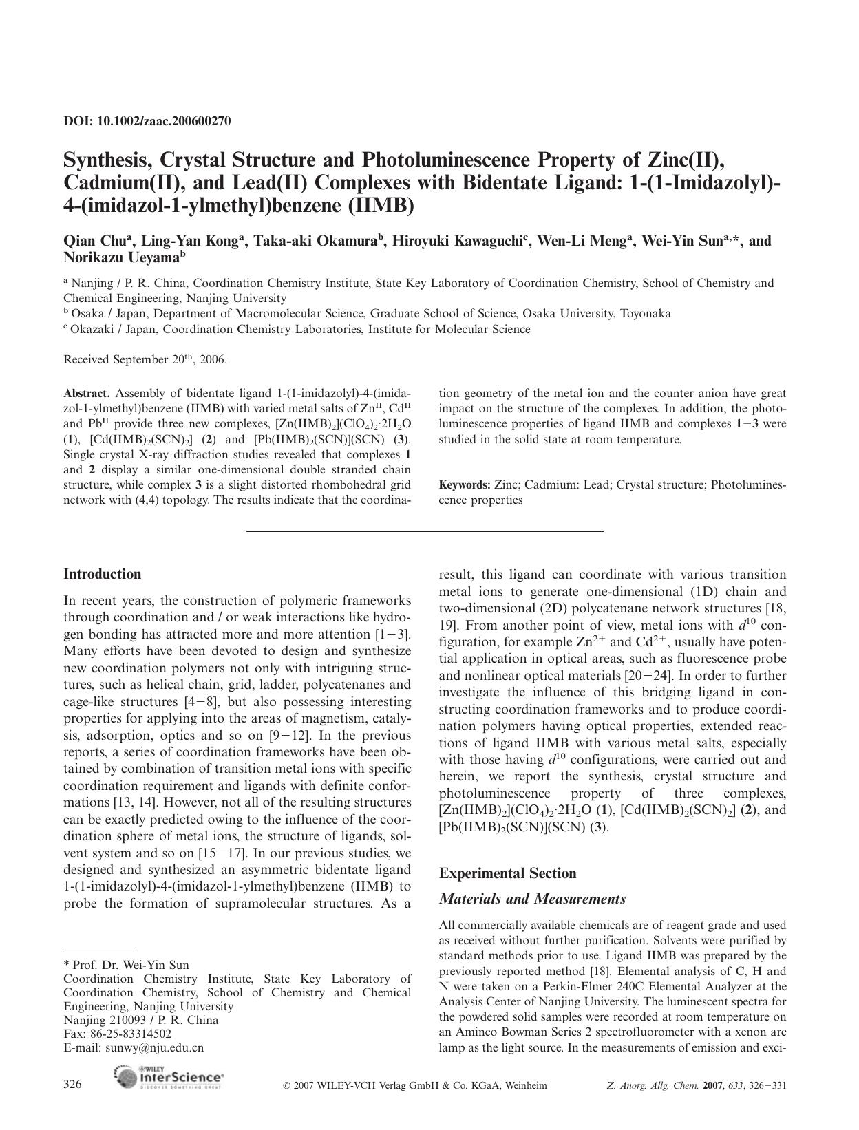 Synthesis, Crystal Structure and Photoluminescence Property of Zinc(II), Cadmium(II), and Lead(II) Complexes with Bidentate Ligand: 1-(1-Imidazolyl)-4-(imidazol-1-ylmethyl)benzene (IIMB) by Unknown