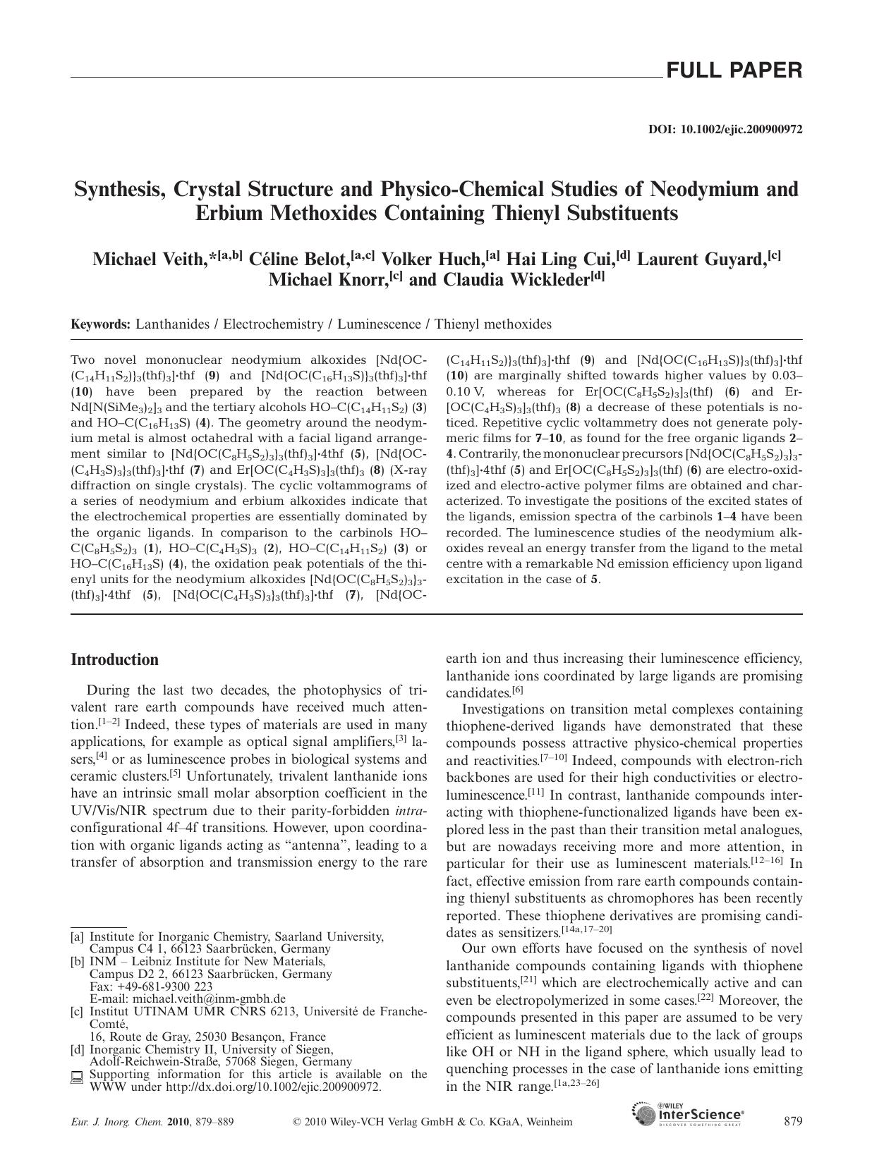Synthesis, Crystal Structure and Physico-Chemical Studies of Neodymium and Erbium Methoxides Containing Thienyl Substituents by Unknown