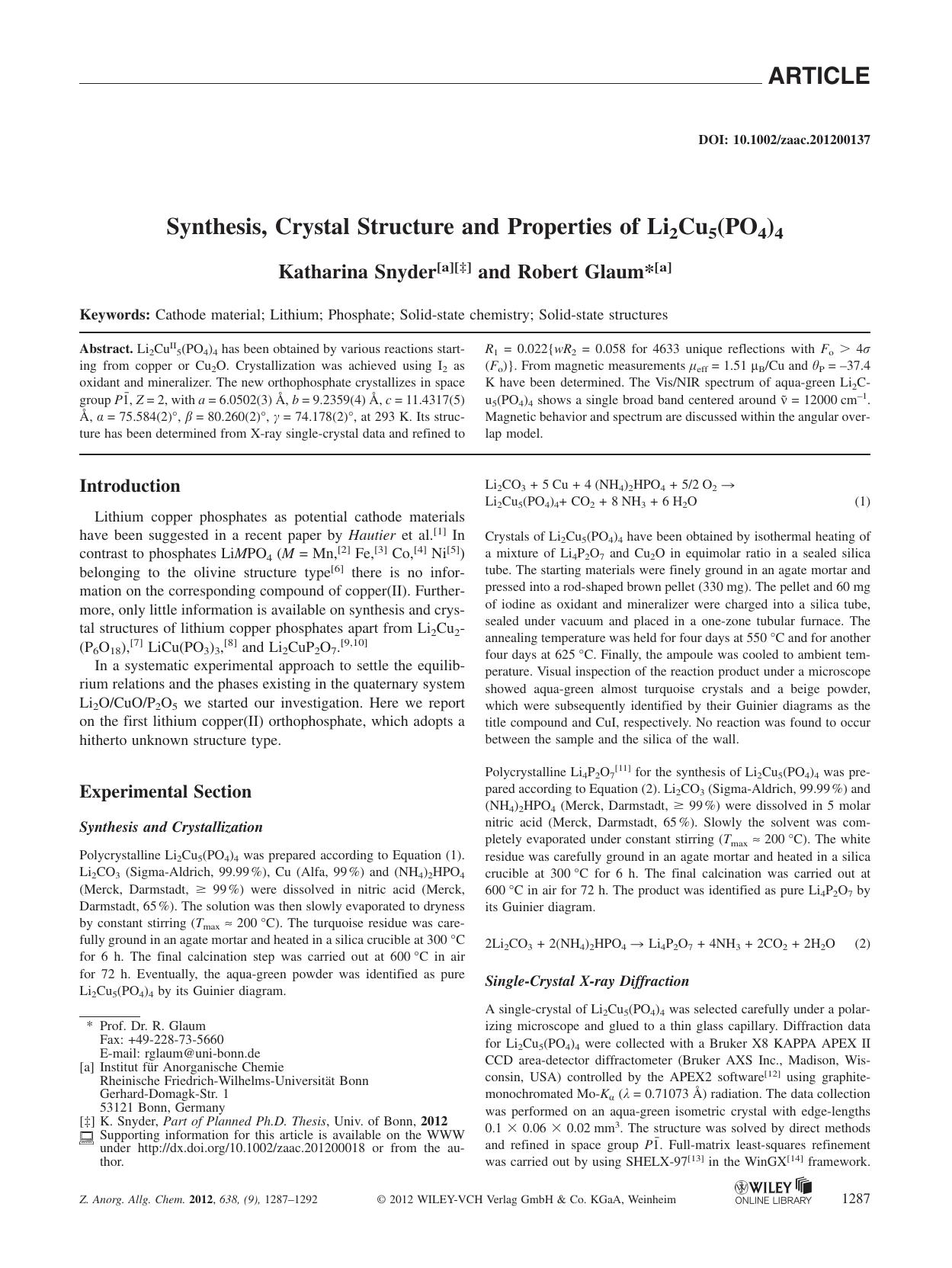 Synthesis, Crystal Structure and Properties of Li2Cu5(PO4)4 by Unknown