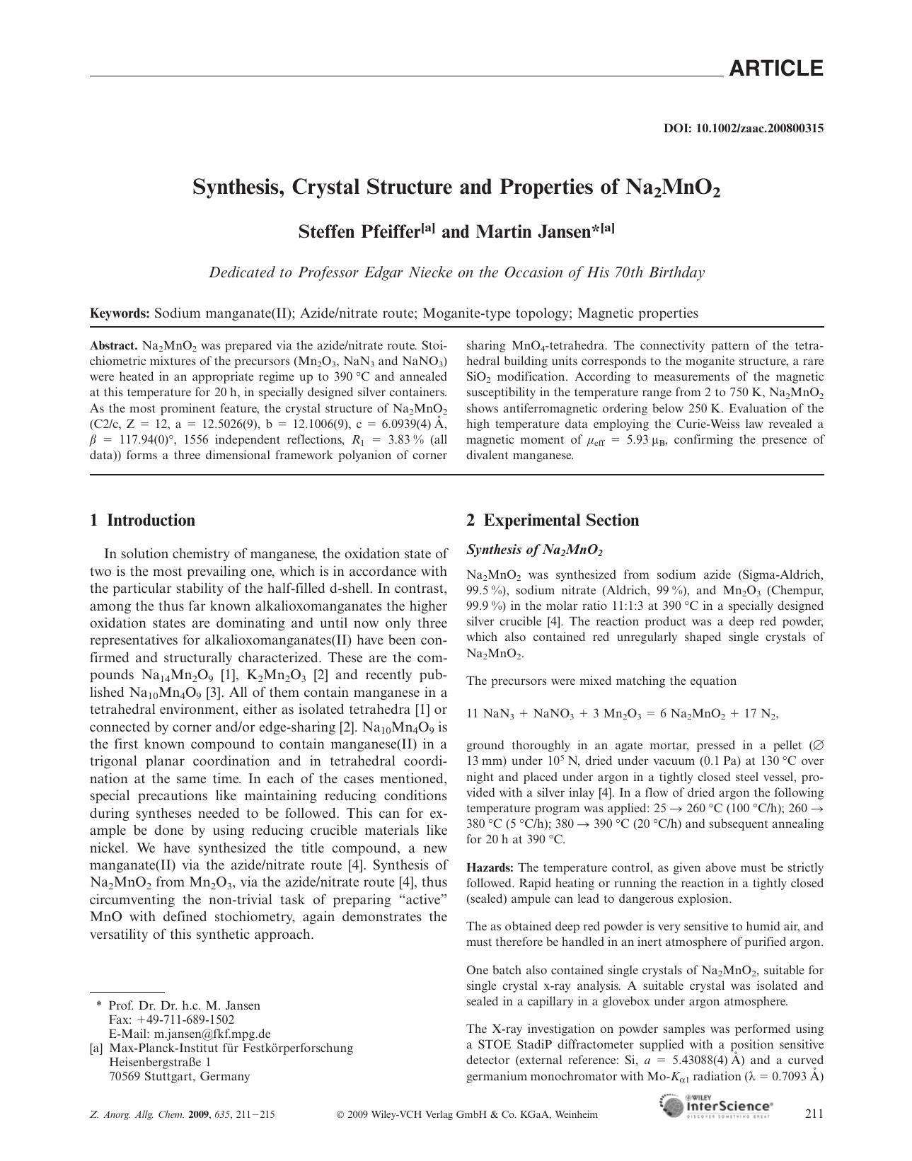 Synthesis, Crystal Structure and Properties of Na2MnO2 by Unknown