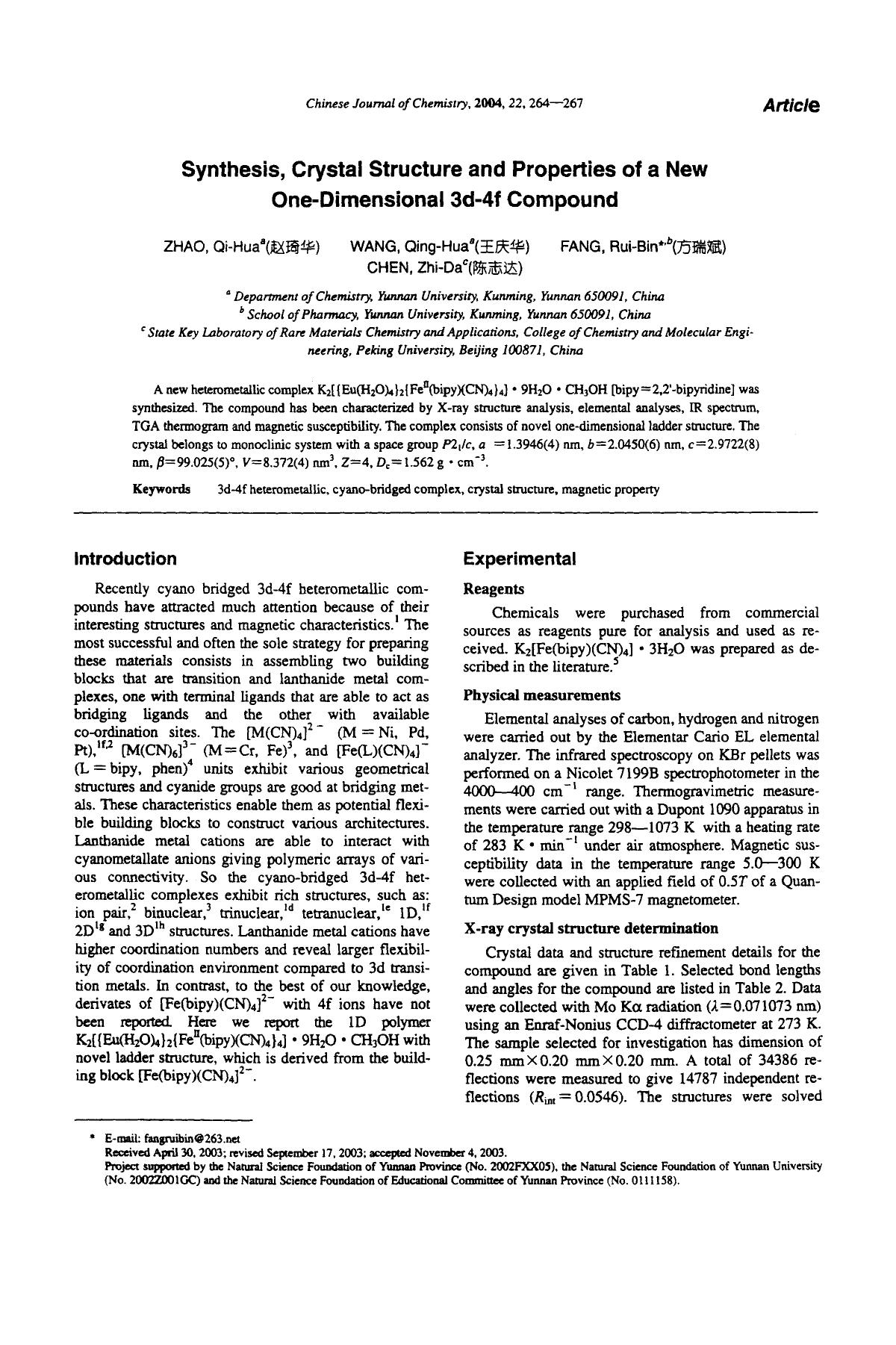 Synthesis, Crystal Structure and Properties of a New OneDimensional 3d4f Compound by Unknown