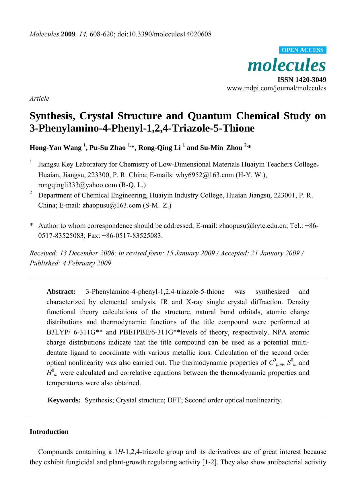 Synthesis, Crystal Structure and Quantum Chemical Study on 3-Phenylamino-4-Phenyl-1,2,4-Triazole-5-Thione by Hong-Yan Wang & Pu-Su Zhao & Rong-Qing Li & Su-Min & Zhou
