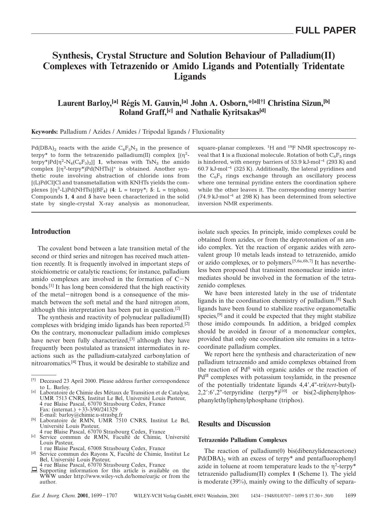 Synthesis, Crystal Structure and Solution Behaviour of Palladium(II) Complexes with Tetrazenido or Amido Ligands and Potentially Tridentate Ligands by Unknown