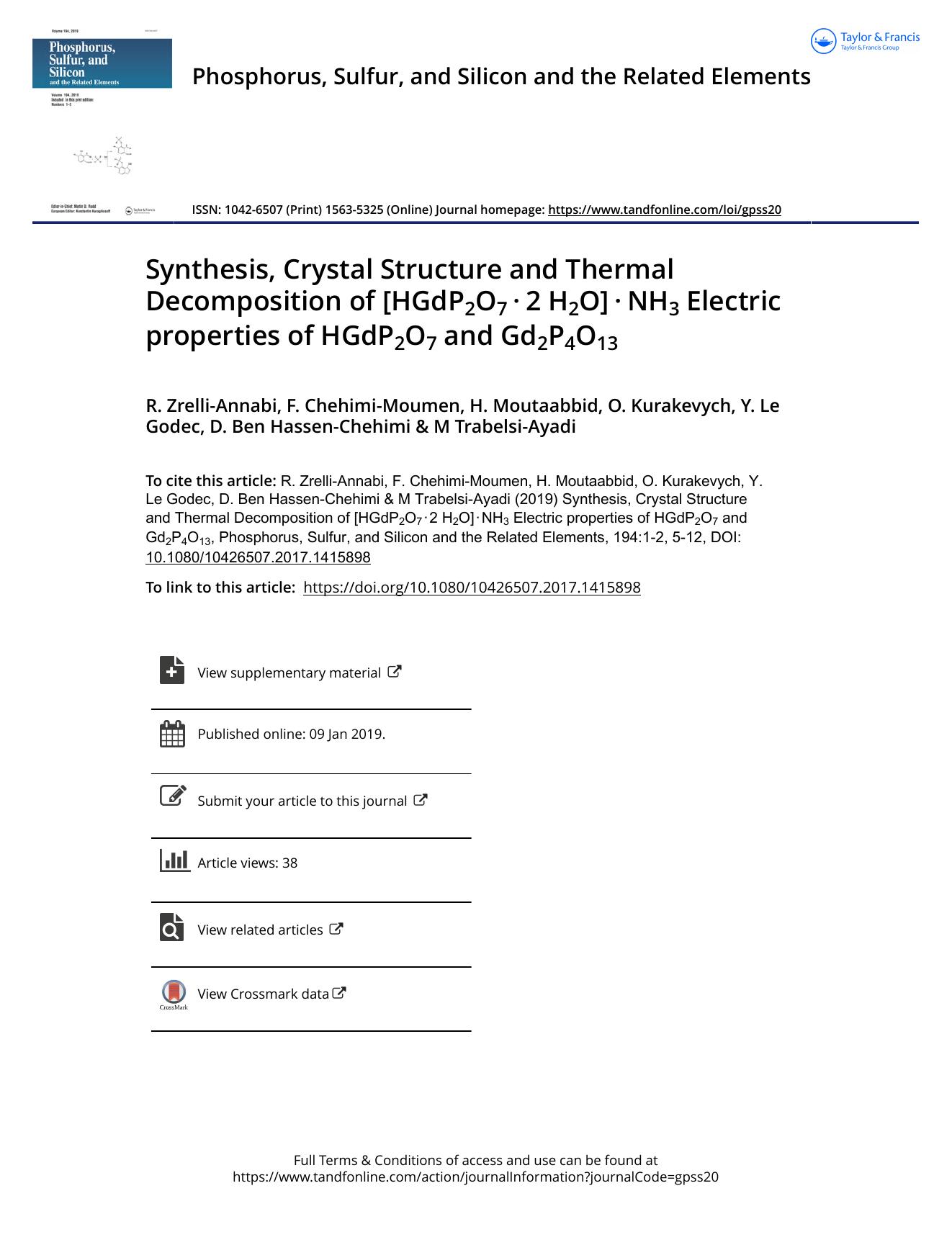 Synthesis, Crystal Structure and Thermal Decomposition of [HGdP2O7âÂ·â2 H2O]âÂ·âNH3 Electric properties of HGdP2O7 and Gd2P4O13 by unknow
