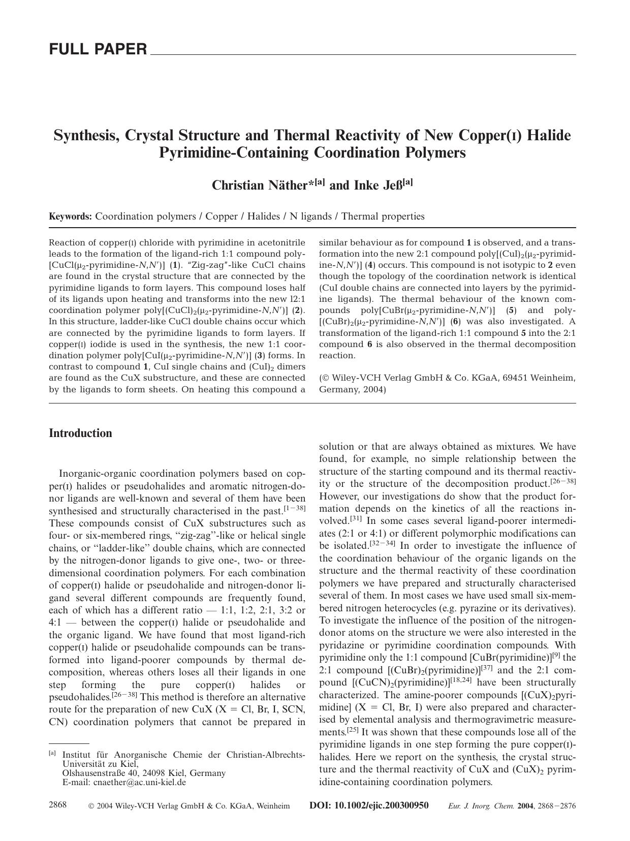 Synthesis, Crystal Structure and Thermal Reactivity of New Copper(I) Halide Pyrimidine-Containing Coordination Polymers by Unknown