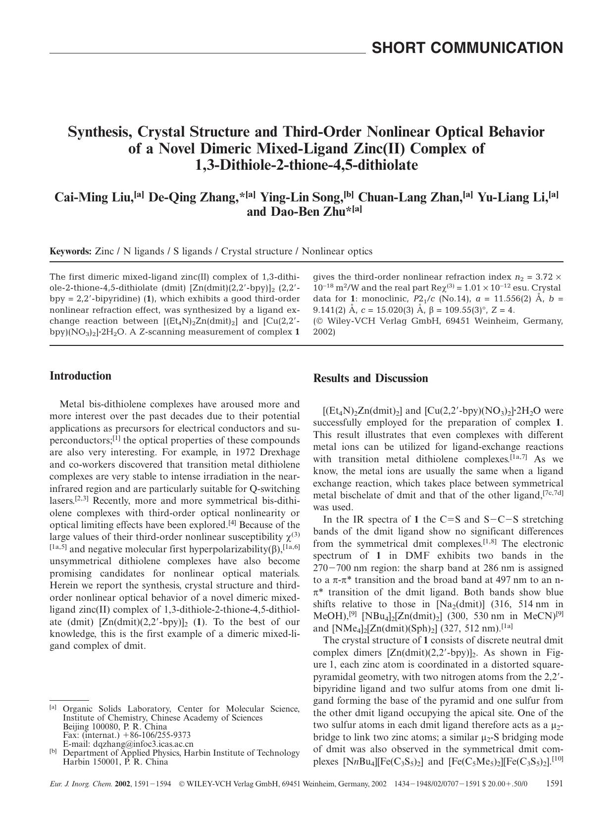Synthesis, Crystal Structure and Third-Order Nonlinear Optical Behavior of a Novel Dimeric Mixed-Ligand Zinc(II) Complex of 1,3-Dithiole-2-thione-4,5-dithiolate by Unknown
