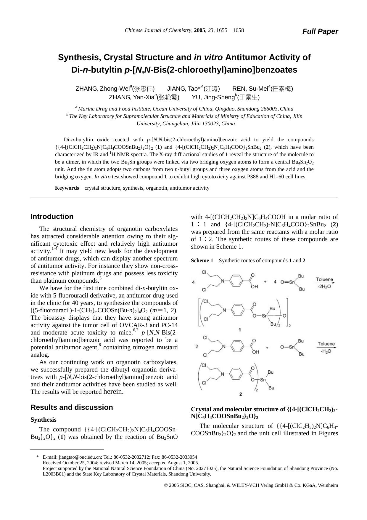 Synthesis, Crystal Structure and in vitro Antitumor Activity of Di-n-butyltin p-[N, N-Bis(2-chloroethyl)amino]benzoates by lhbjs