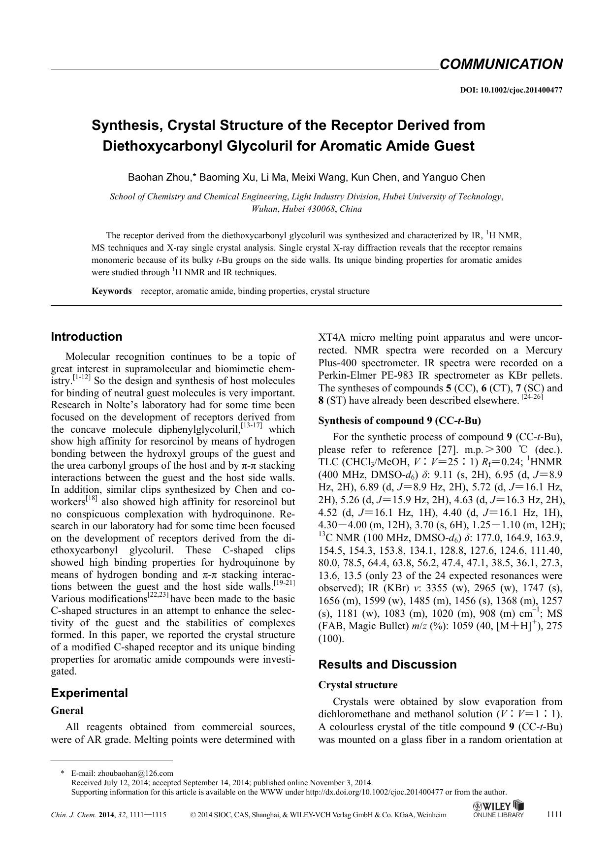 Synthesis, Crystal Structure of the Receptor Derived from Diethoxycarbonyl Glycoluril for Aromatic Amide Guest by kxk1