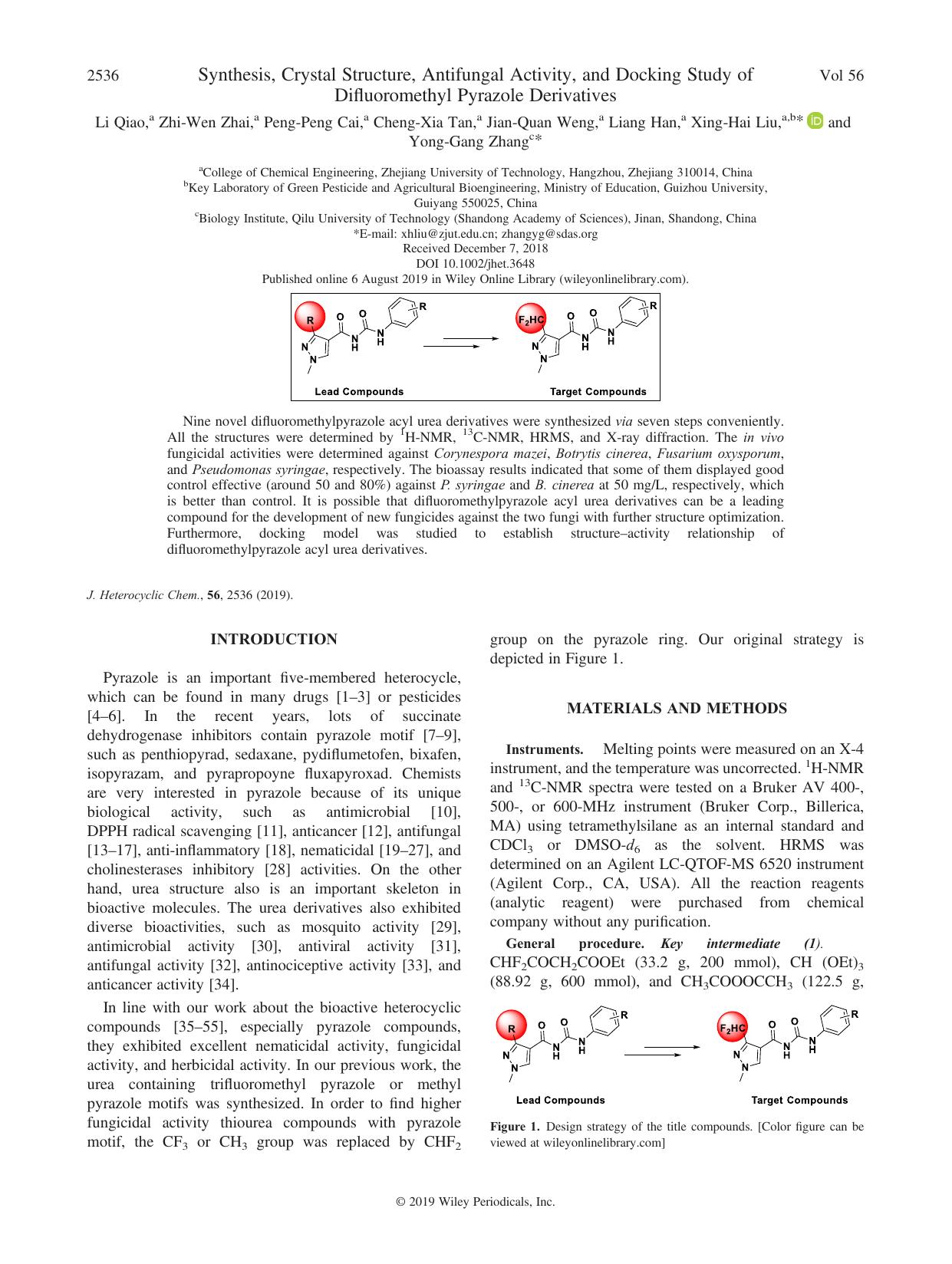 Synthesis, Crystal Structure, Antifungal Activity, and Docking Study of Difluoromethyl Pyrazole Derivatives by unknow