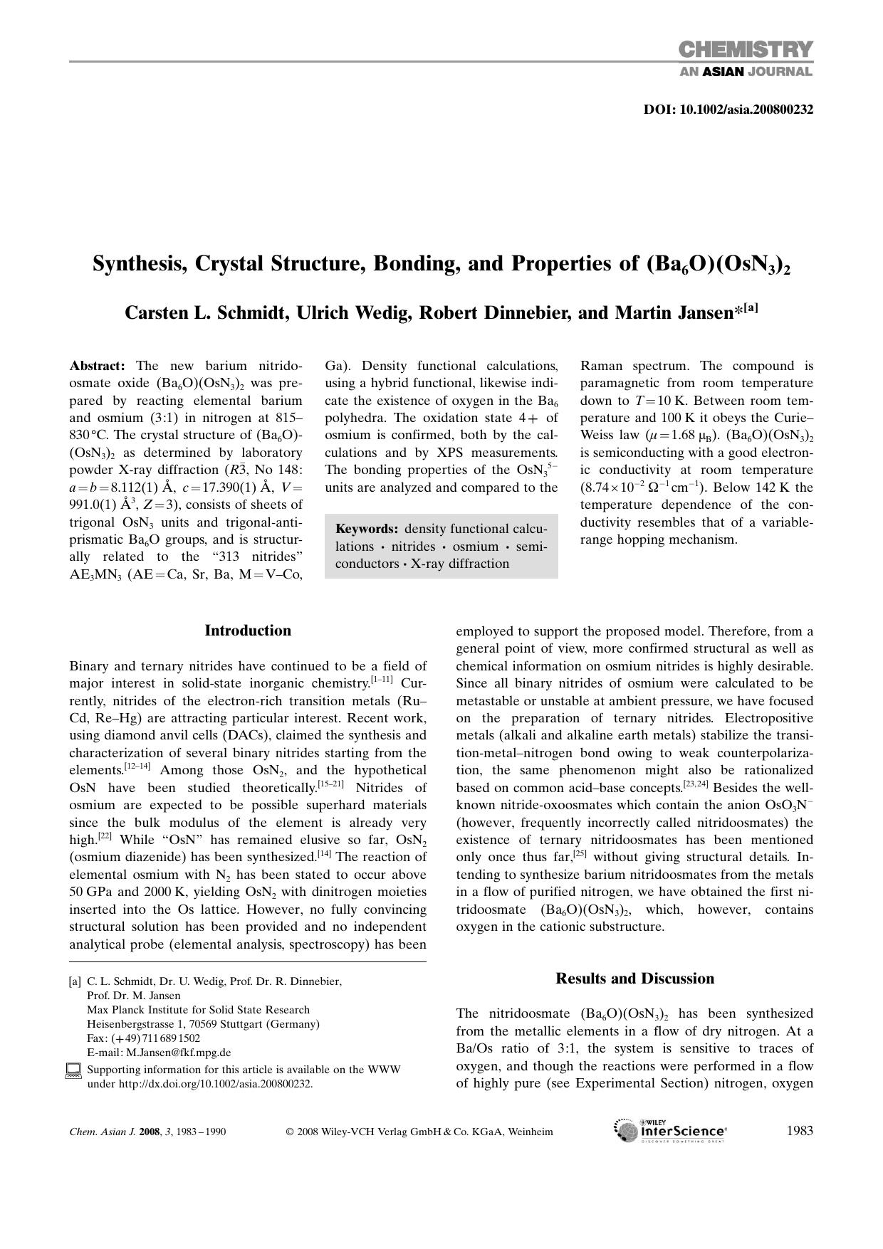 Synthesis, Crystal Structure, Bonding, and Properties of (Ba6O)(OsN3)2 by Unknown