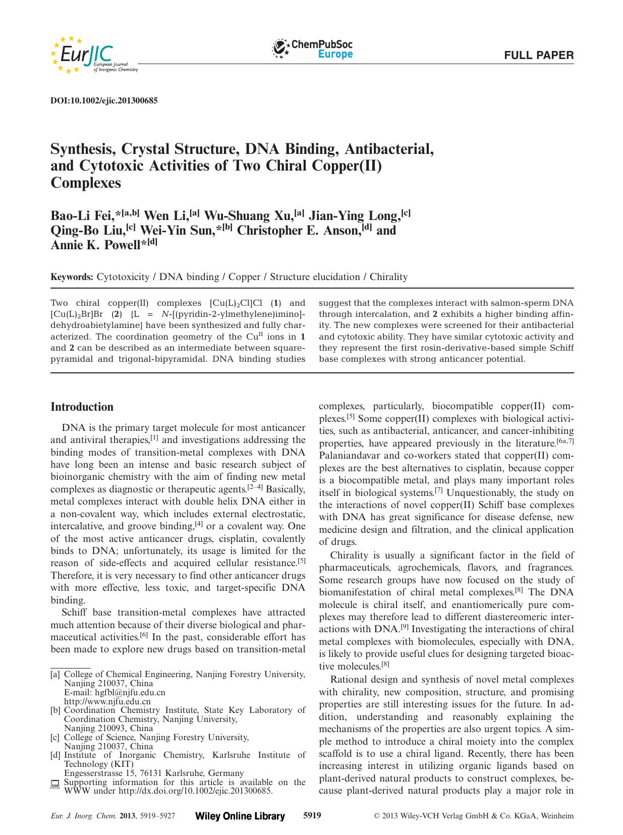 Synthesis, Crystal Structure, DNA Binding, Antibacterial, and Cytotoxic Activities of Two Chiral Copper(II) Complexes by Unknown