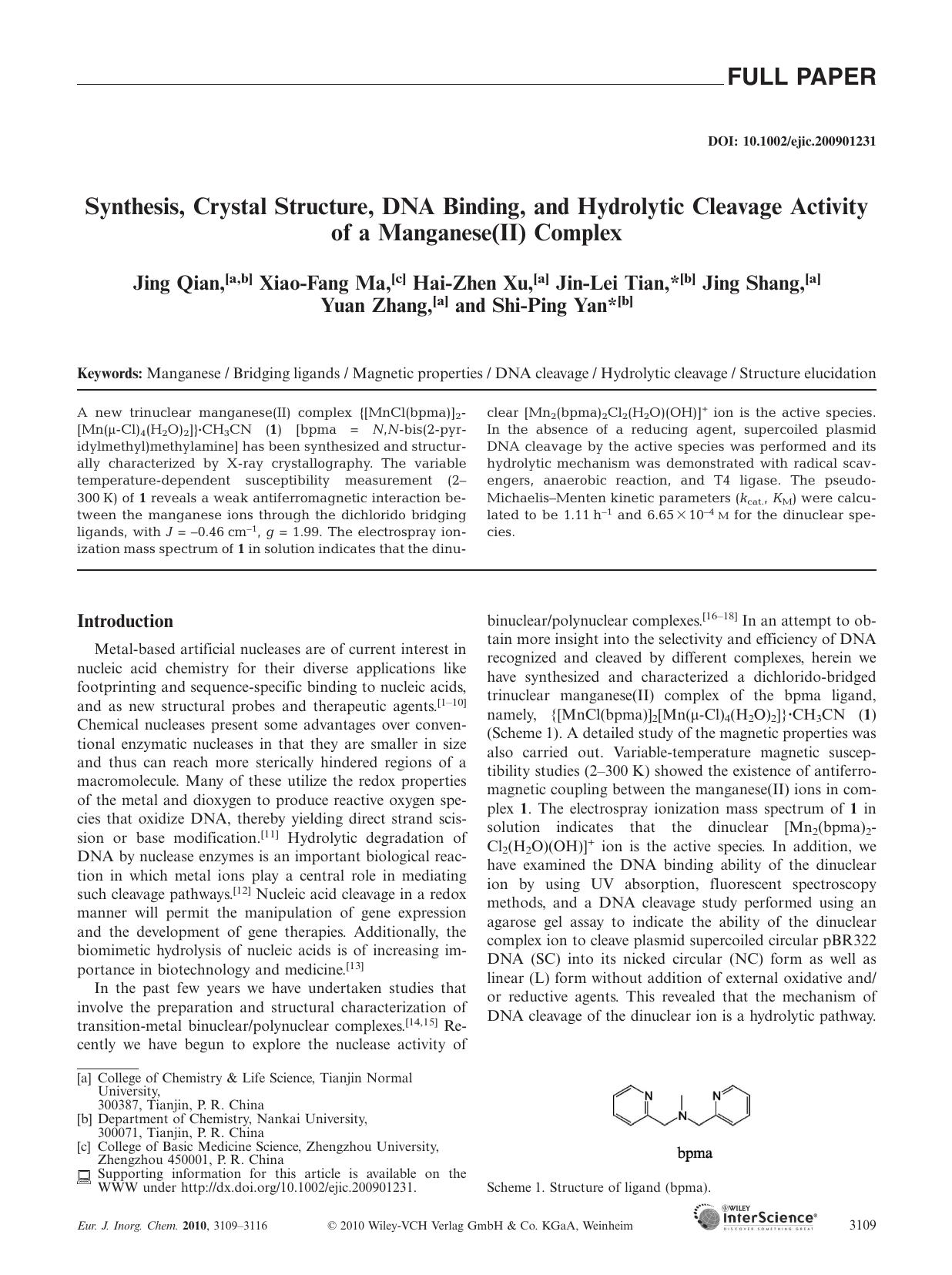 Synthesis, Crystal Structure, DNA Binding, and Hydrolytic Cleavage Activity of a Manganese(II) Complex by Unknown