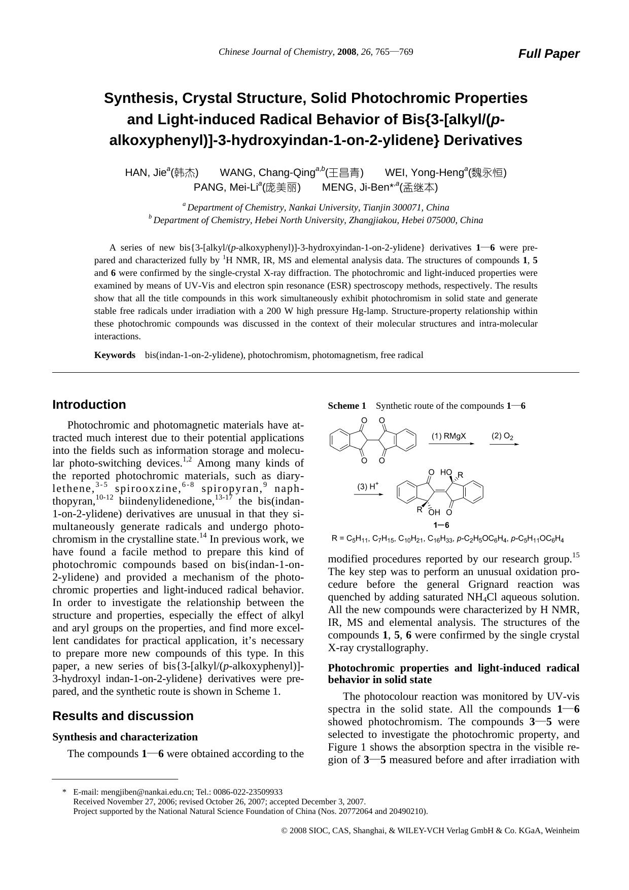 Synthesis, Crystal Structure, Solid Photochromic Properties and Light-induced Radical Behavior of Bis{3-[alkyl(p-alkoxyphenyl)]-3-hydroxyindan-1-on-2-ylidene} Derivatives by uy