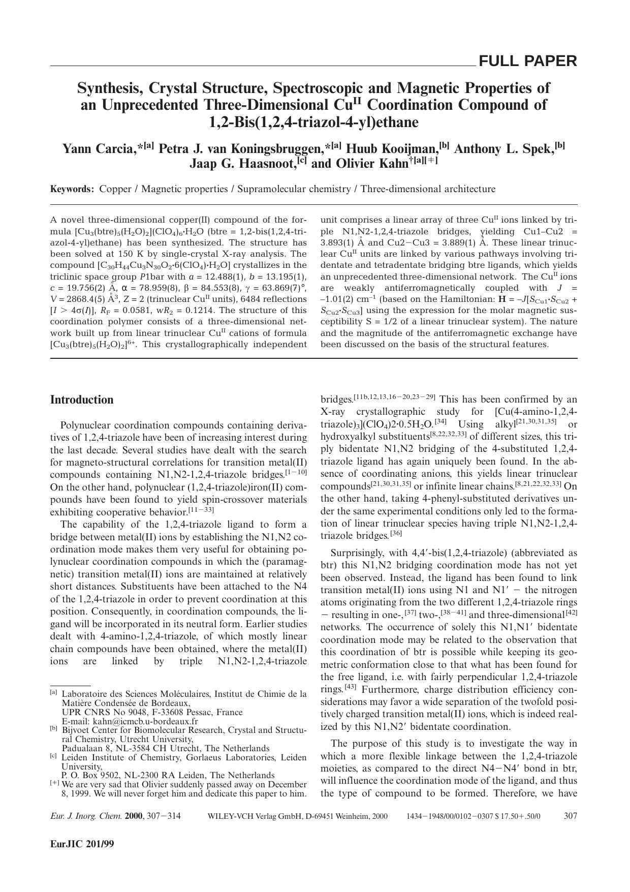 Synthesis, Crystal Structure, Spectroscopic and Magnetic Properties of an Unprecedented Three-Dimensional CuII Coordination Compound of 1,2-Bis(1,2,4-triazol-4-yl)ethane by Unknown