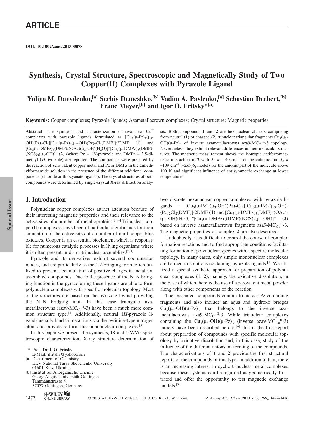Synthesis, Crystal Structure, Spectroscopic and Magnetically Study of Two Copper(II) Complexes with Pyrazole Ligand by Unknown