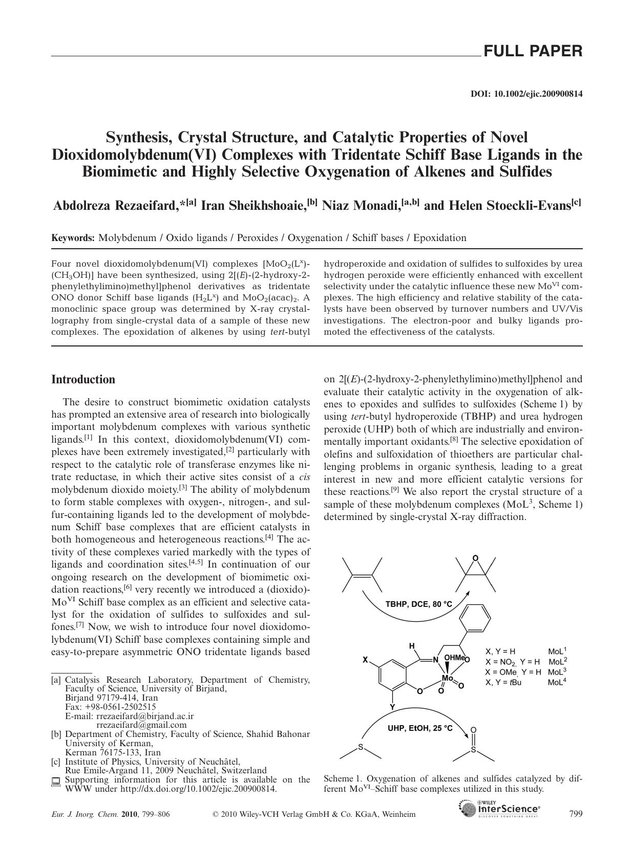 Synthesis, Crystal Structure, and Catalytic Properties of Novel Dioxidomolybdenum(VI) Complexes with Tridentate Schiff Base Ligands in the Biomimetic and Highly Selective Oxygenati by Unknown