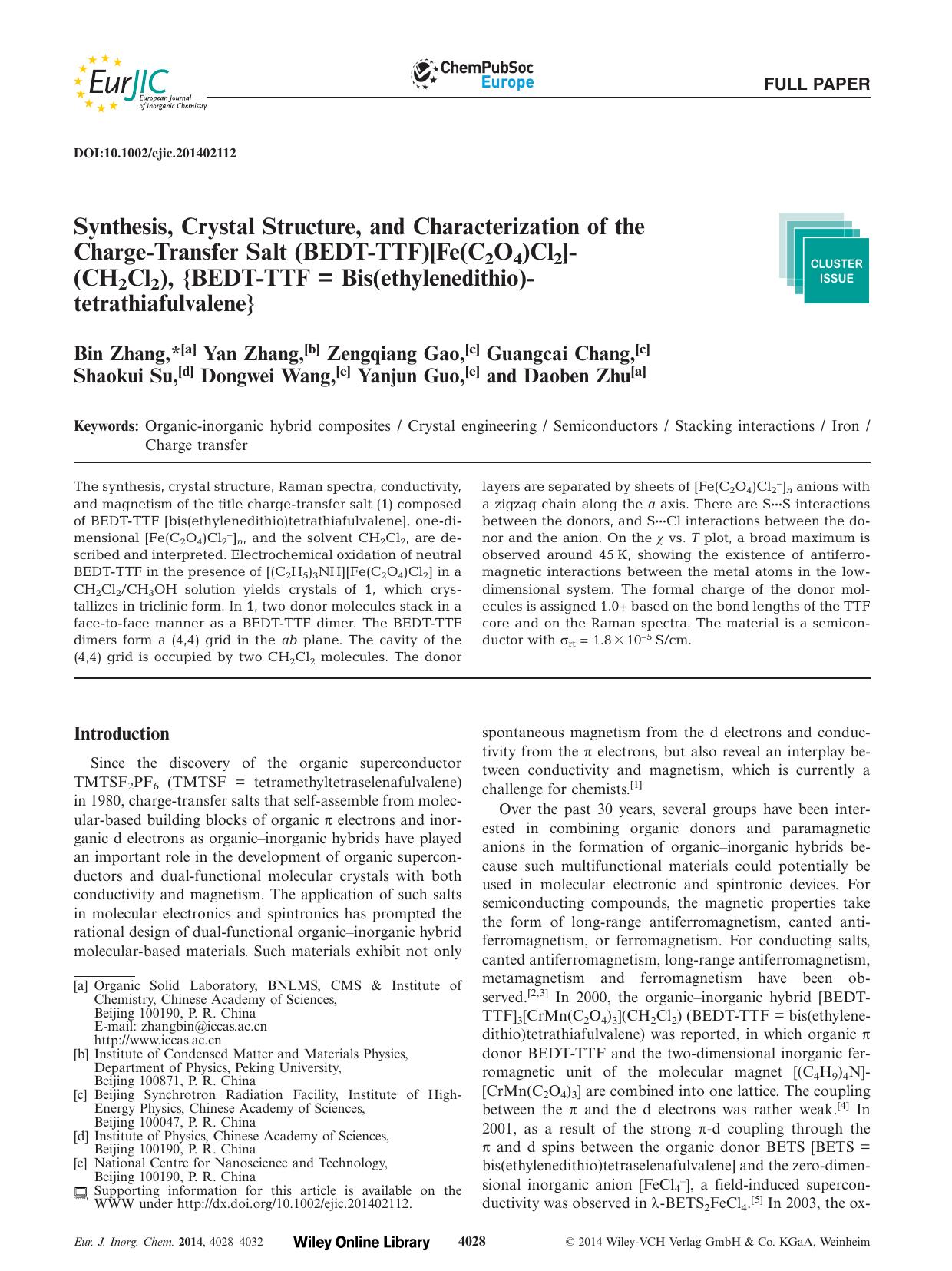 Synthesis, Crystal Structure, and Characterization of the ChargeTransfer Salt (BEDTTTF)[Fe(C2O4)Cl2](CH2Cl2), {BEDTTTF = Bis(ethylenedithio)tetrathiafulvalene} by Unknown