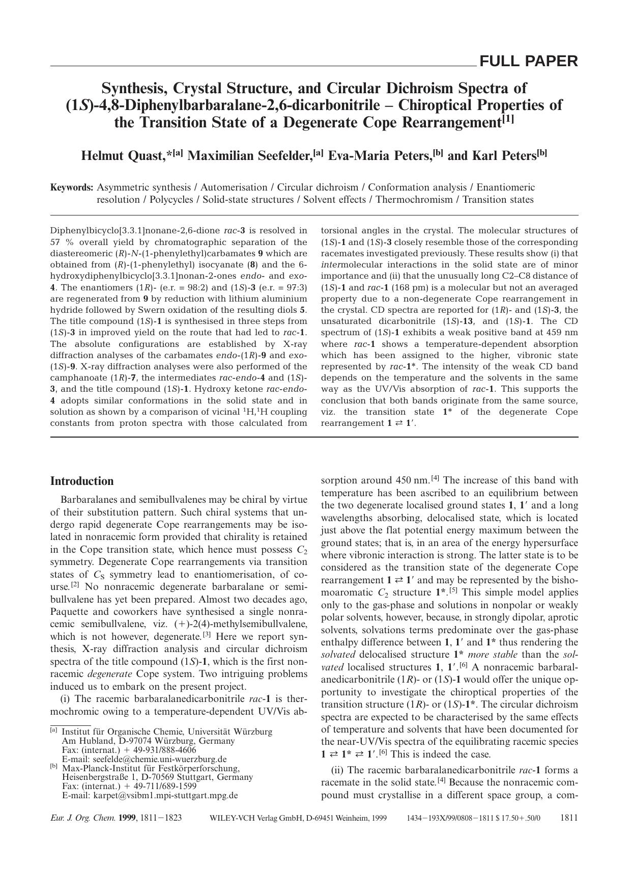 Synthesis, Crystal Structure, and Circular Dichroism Spectra of (1S)-4,8-Diphenylbarbaralane-2,6-dicarbonitrile - Chiroptical Properties of the Transition State of a Degenerate Cope Rearrangement by Unknown