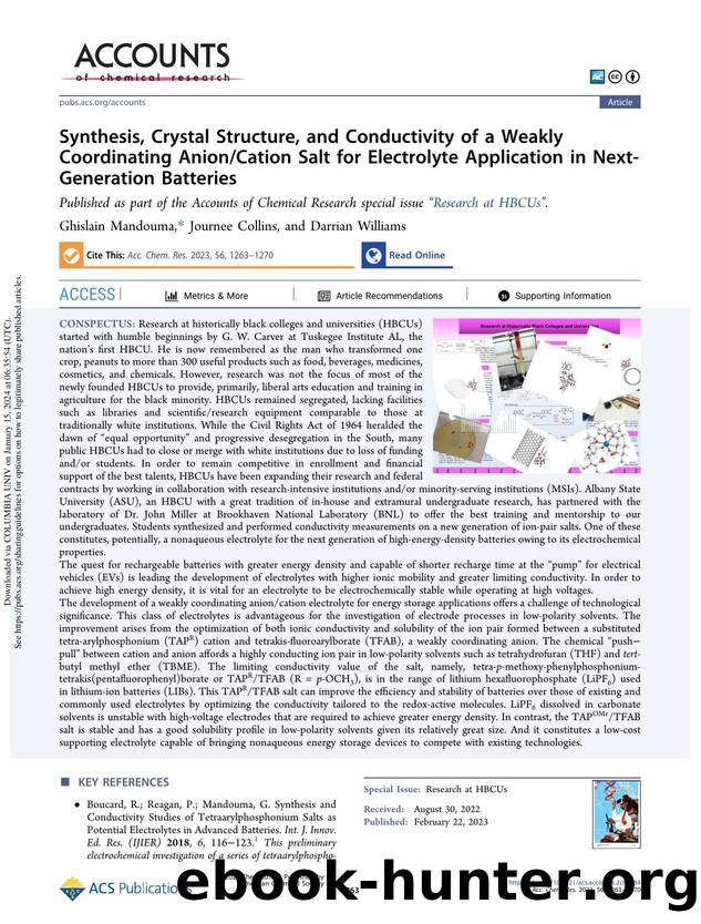 Synthesis, Crystal Structure, and Conductivity of a Weakly Coordinating AnionCation Salt for Electrolyte Application in Next-Generation Batteries by Ghislain Mandouma Journee Collins & Darrian Williams