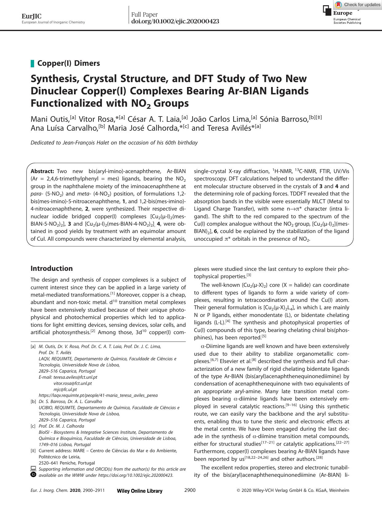 Synthesis, Crystal Structure, and DFT Study of Two New Dinuclear Copper(I) Complexes Bearing ArâBIAN Ligands Functionalized with NO2 Groups by Unknown