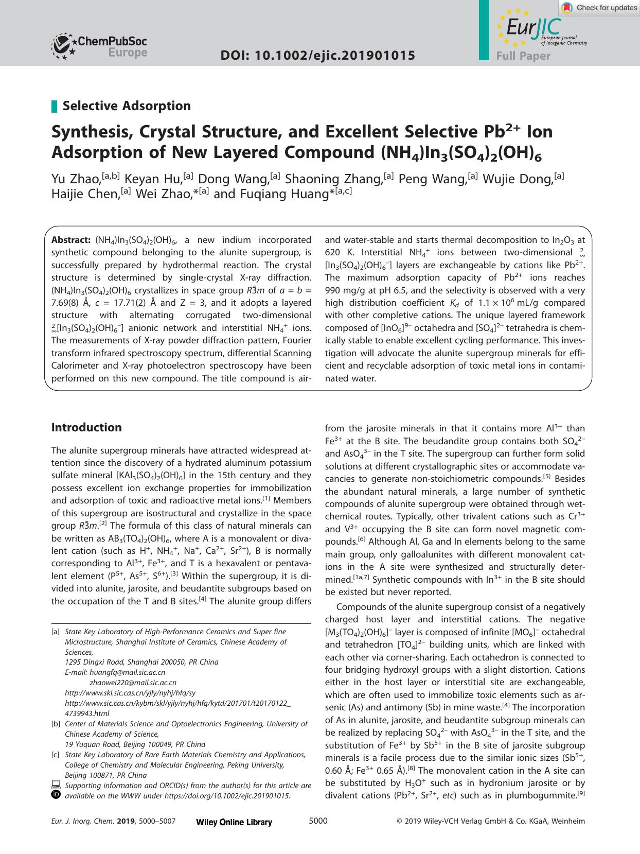 Synthesis, Crystal Structure, and Excellent Selective Pb2+ Ion Adsorption of New Layered Compound (NH4)In3(SO4)2(OH)6 by Unknown