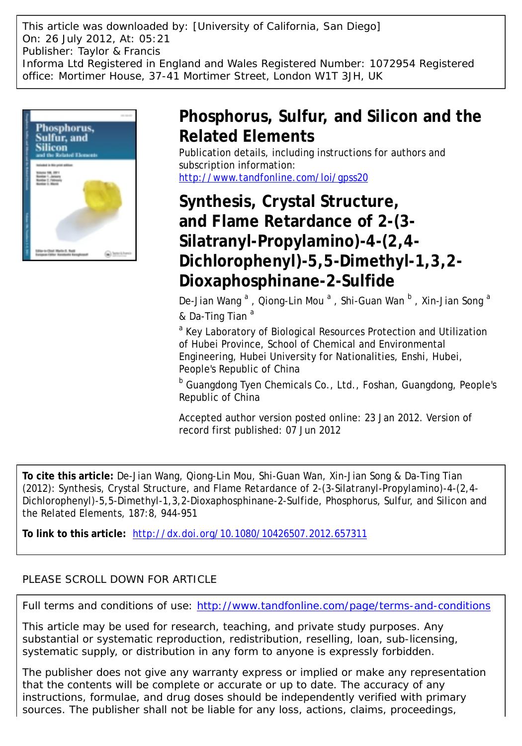 Synthesis, Crystal Structure, and Flame Retardance of 2-(3-Silatranyl-Propylamino)-4-(2,4-Dichlorophenyl)-5,5-Dimethyl-1,3,2-Dioxaphosphinane-2-Sulfide by unknow