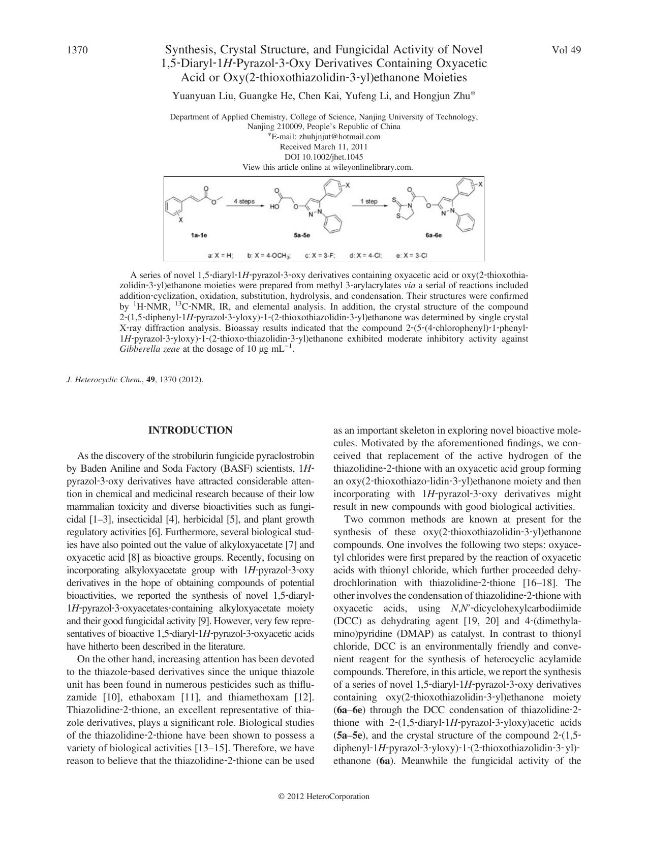 Synthesis, Crystal Structure, and Fungicidal Activity of Novel 1,5-Diaryl-1H-Pyrazol-3-Oxy Derivatives Containing Oxyacetic Acid or Oxy(2-thioxothiazolidin-3-yl)ethanone Moieties by Unknown