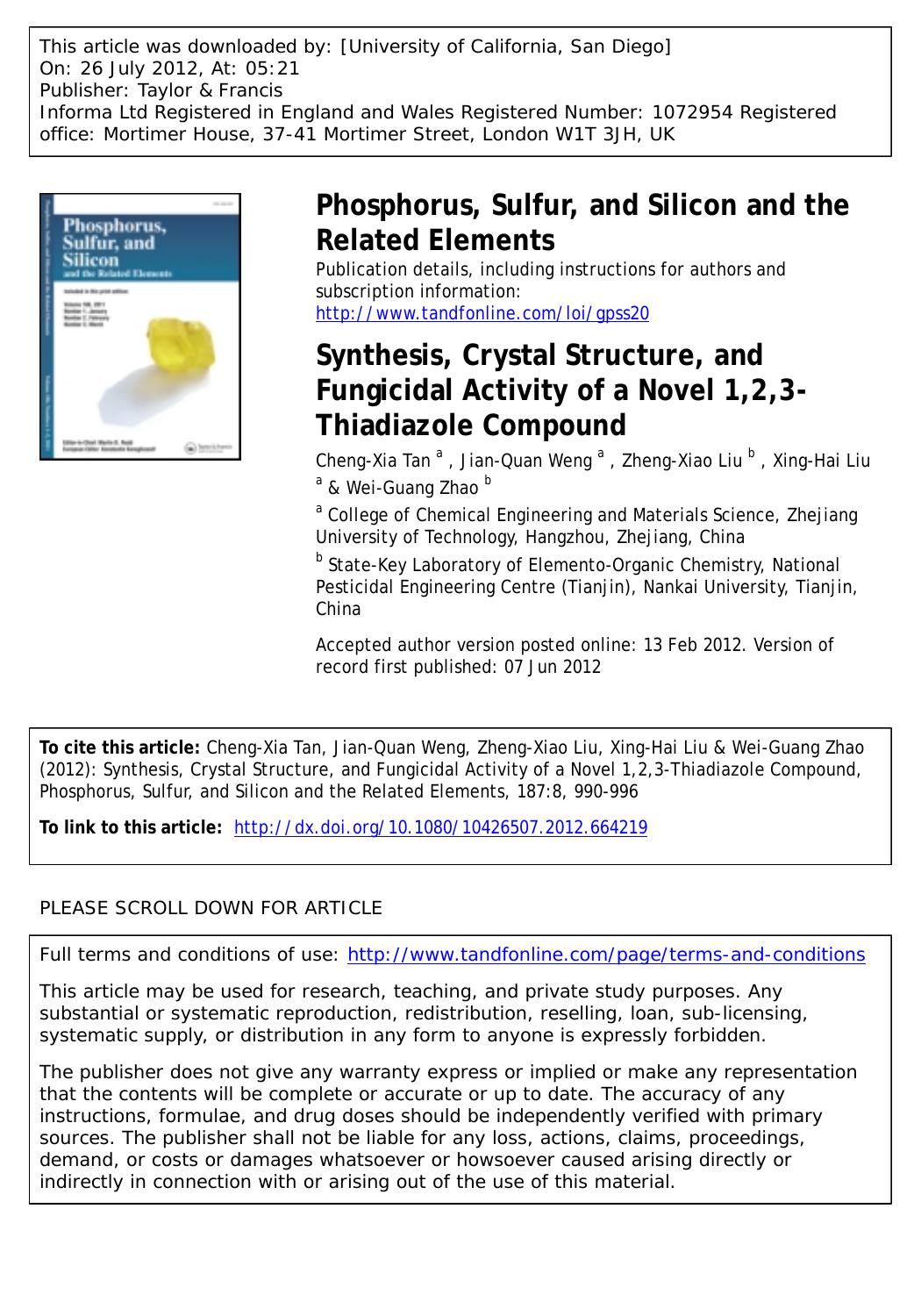 Synthesis, Crystal Structure, and Fungicidal Activity of a Novel 1,2,3-Thiadiazole Compound by unknow