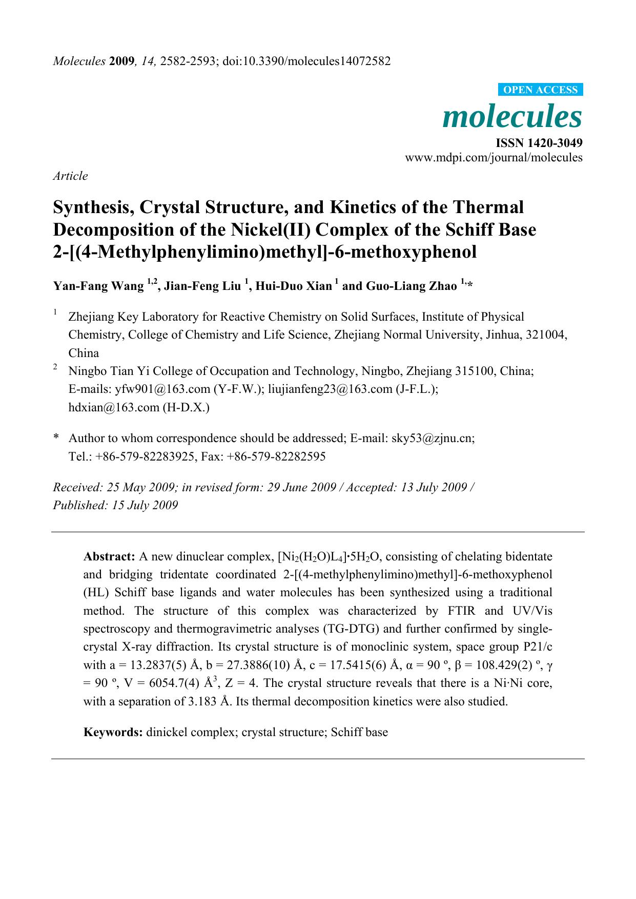 Synthesis, Crystal Structure, and Kinetics of the Thermal Decomposition of the Nickel(II) Complex of the Schiff Base by Yan-Fang Wang & Jian-Feng Liu & Hui-Duo Xian & Guo-Liang Zhao