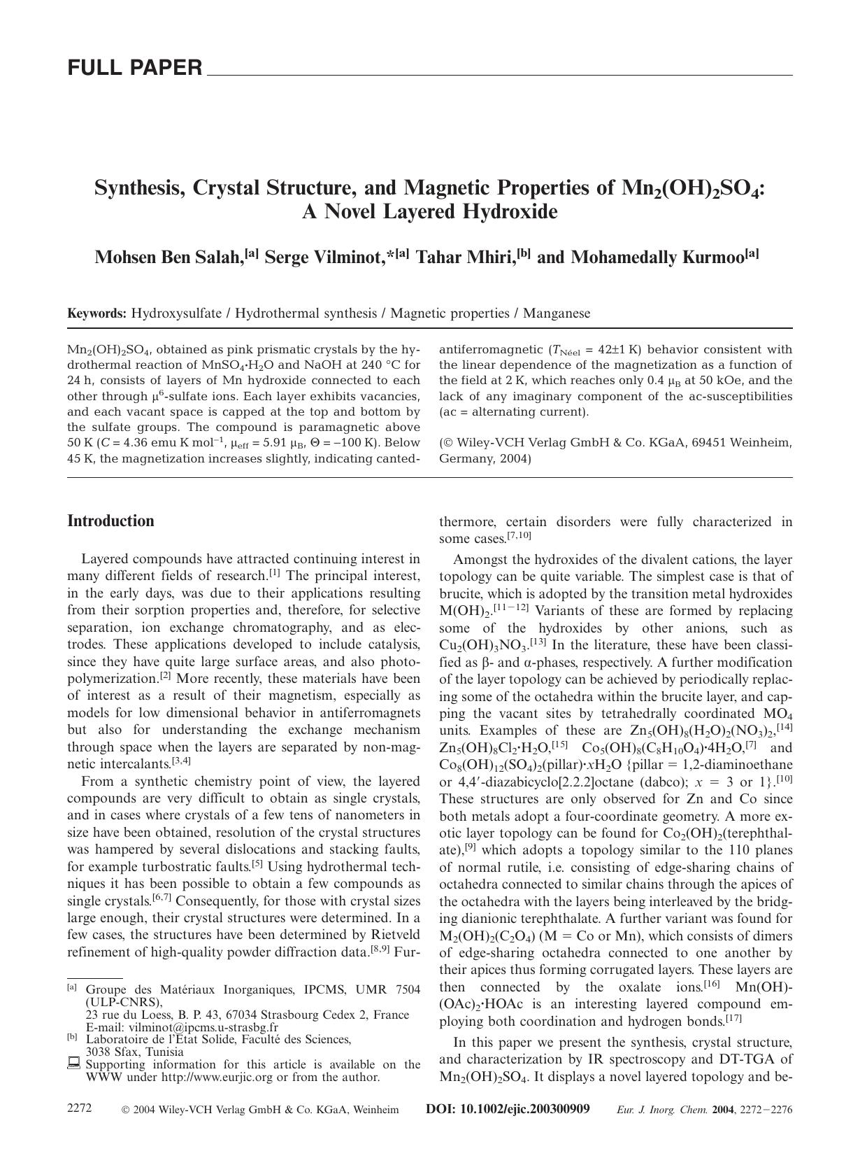 Synthesis, Crystal Structure, and Magnetic Properties of Mn2(OH)2SO4: A Novel Layered Hydroxide by Unknown