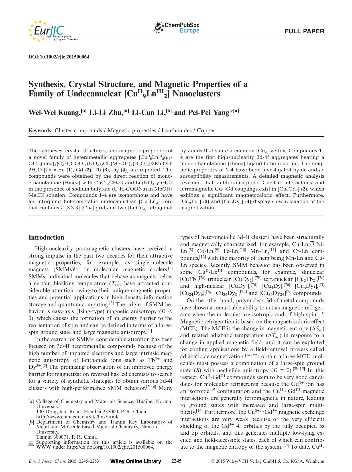 Synthesis, Crystal Structure, and Magnetic Properties of a Family of Undecanuclear [CuII9LnIII2] Nanoclusters by Unknown