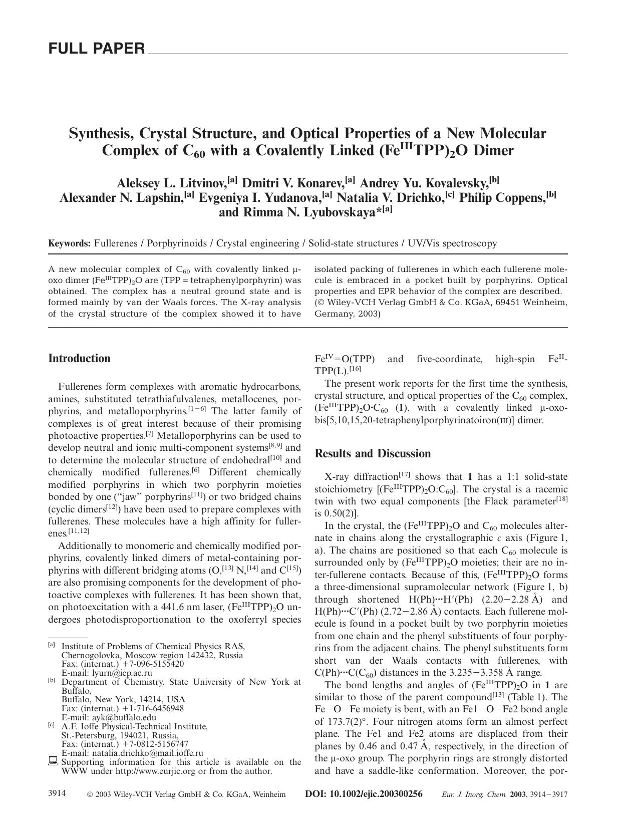 Synthesis, Crystal Structure, and Optical Properties of a New Molecular Complex of C60 with a Covalently Linked (FeIIITPP)2O Dimer by Unknown