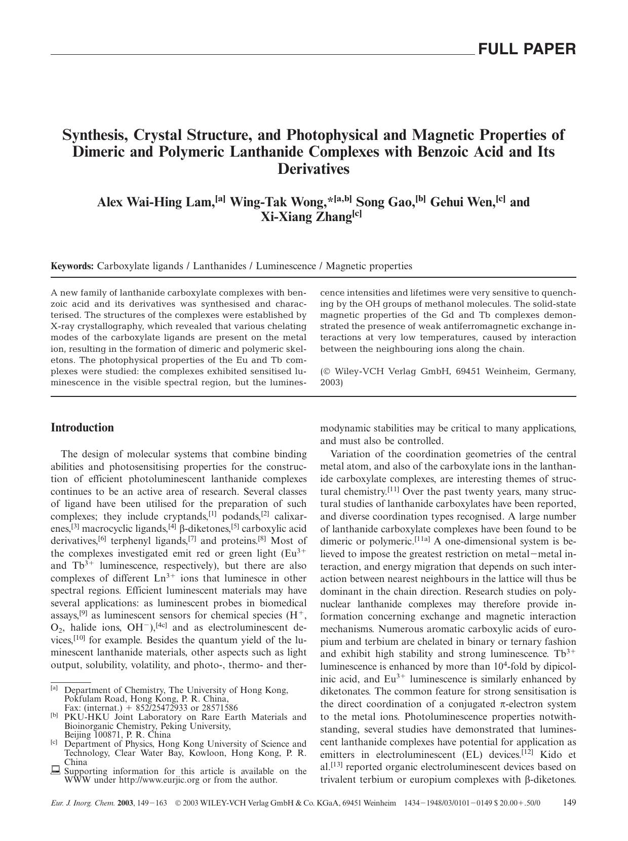 Synthesis, Crystal Structure, and Photophysical and Magnetic Properties of Dimeric and Polymeric Lanthanide Complexes with Benzoic Acid and Its Derivatives by Unknown