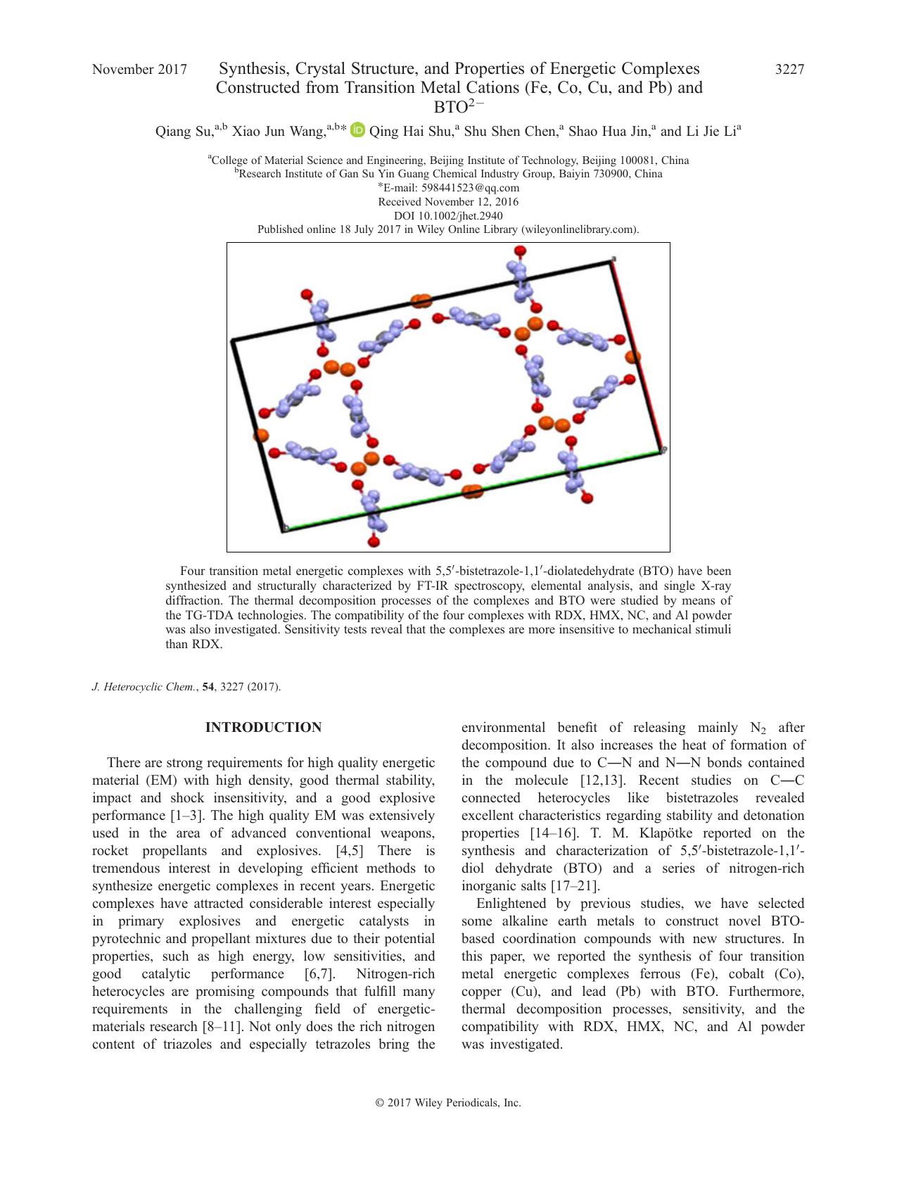 Synthesis, Crystal Structure, and Properties of Energetic Complexes Constructed from Transition Metal Cations (Fe, Co, Cu, and Pb) and BTO2â by Qiang Su Xiao Jun Wang Qing Hai Shu Shu Shen Chen Shao Hua Jin Li Jie Li