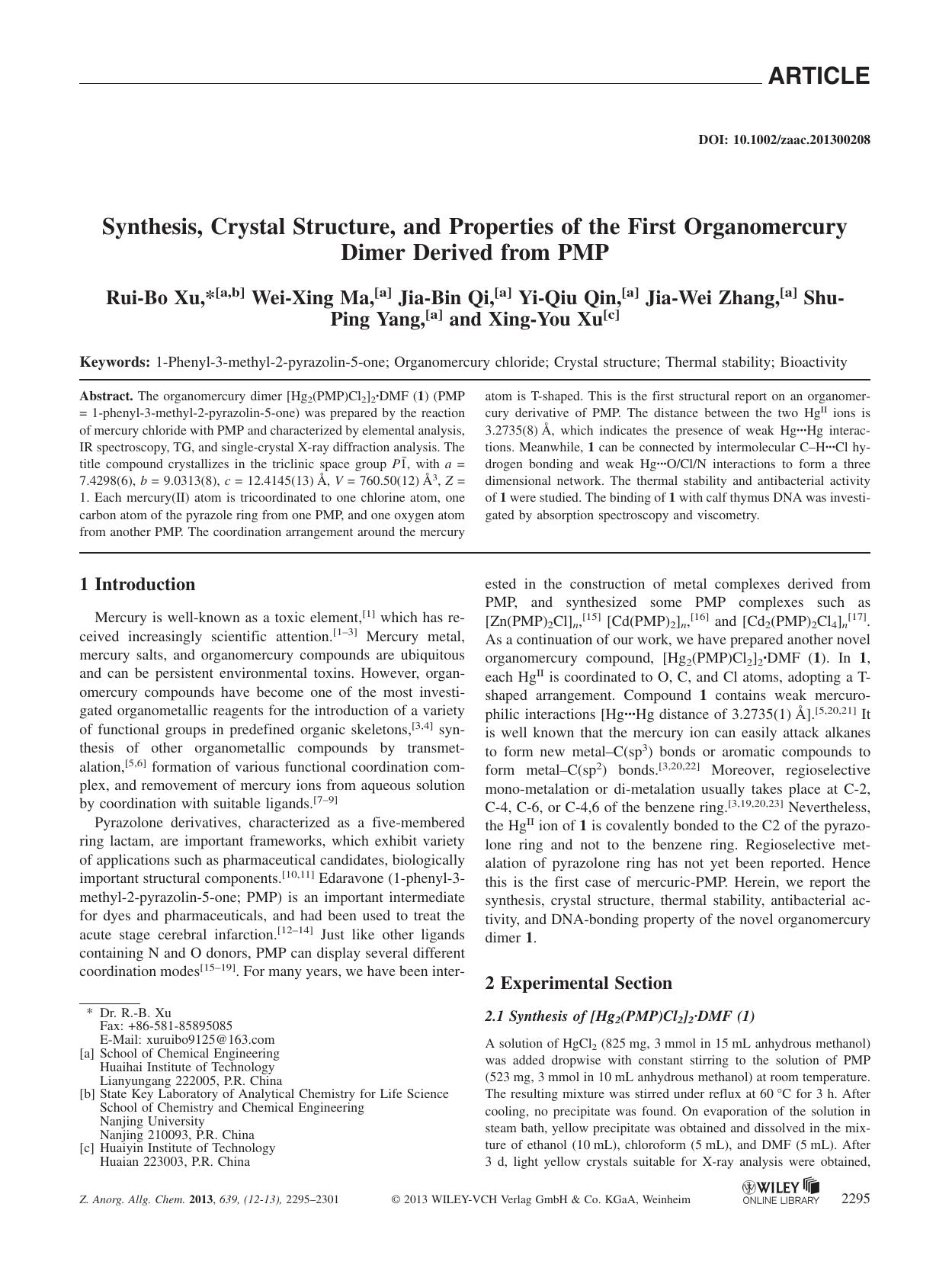 Synthesis, Crystal Structure, and Properties of the First Organomercury Dimer Derived from PMP by Unknown