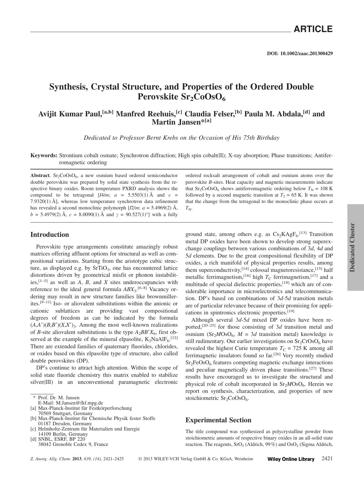 Synthesis, Crystal Structure, and Properties of the Ordered Double Perovskite Sr2CoOsO6 by Unknown