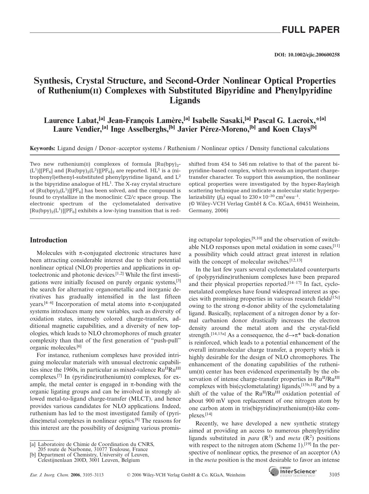 Synthesis, Crystal Structure, and Second-Order Nonlinear Optical Properties of Ruthenium(II) Complexes with Substituted Bipyridine and Phenylpyridine Ligands by Unknown