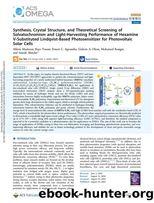 Synthesis, Crystal Structure, and Theoretical Screening of Solvatochromism and Light-Harvesting Performance of Hexamine V-Substituted Lindqvist-Based Photosensitizer for Photovoltaic Solar Cells by Ahlem Maalaoui Baya Toumi Ernest C. Agwamba Gideon A. Okon Mohamed Rzaigui & Samah Akriche