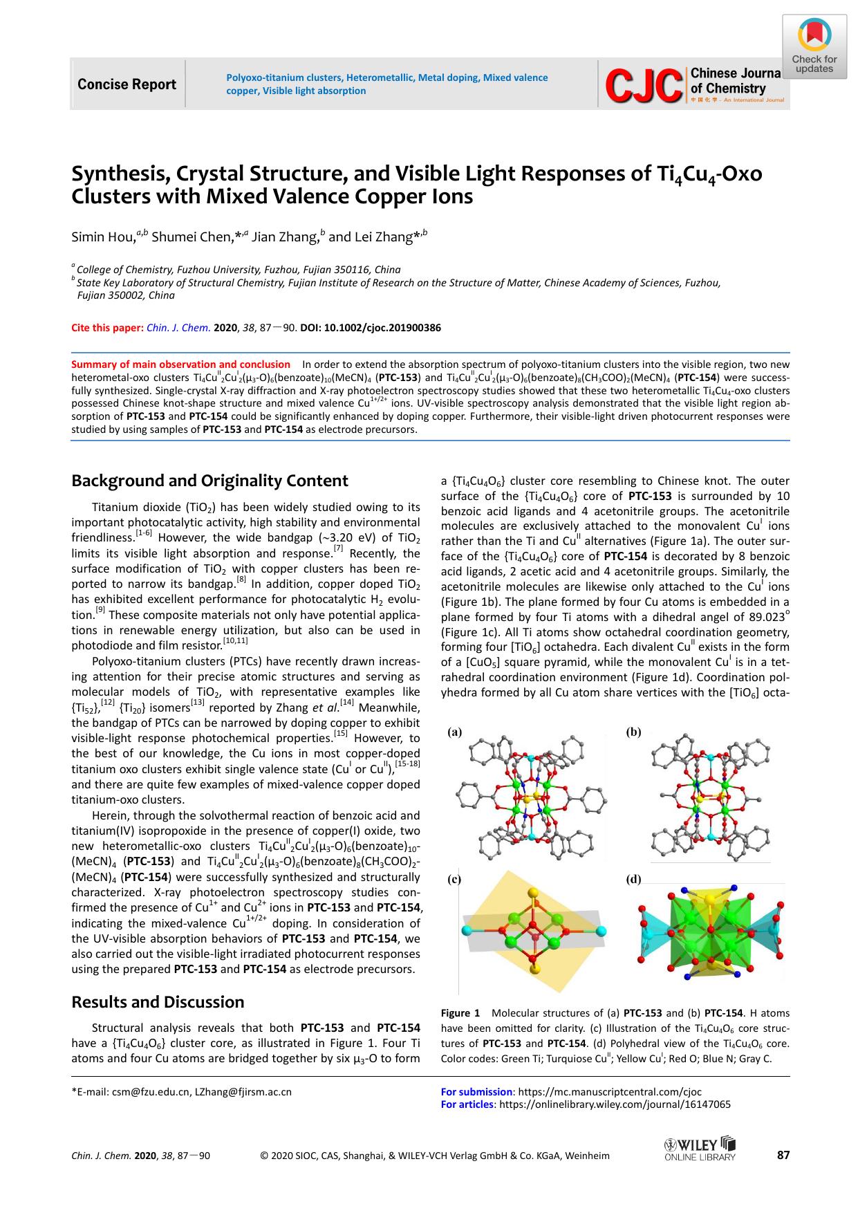 Synthesis, Crystal Structure, and Visible Light Responses of Ti4Cu4âOxo Clusters with Mixed Valence Copper Ions by unknown