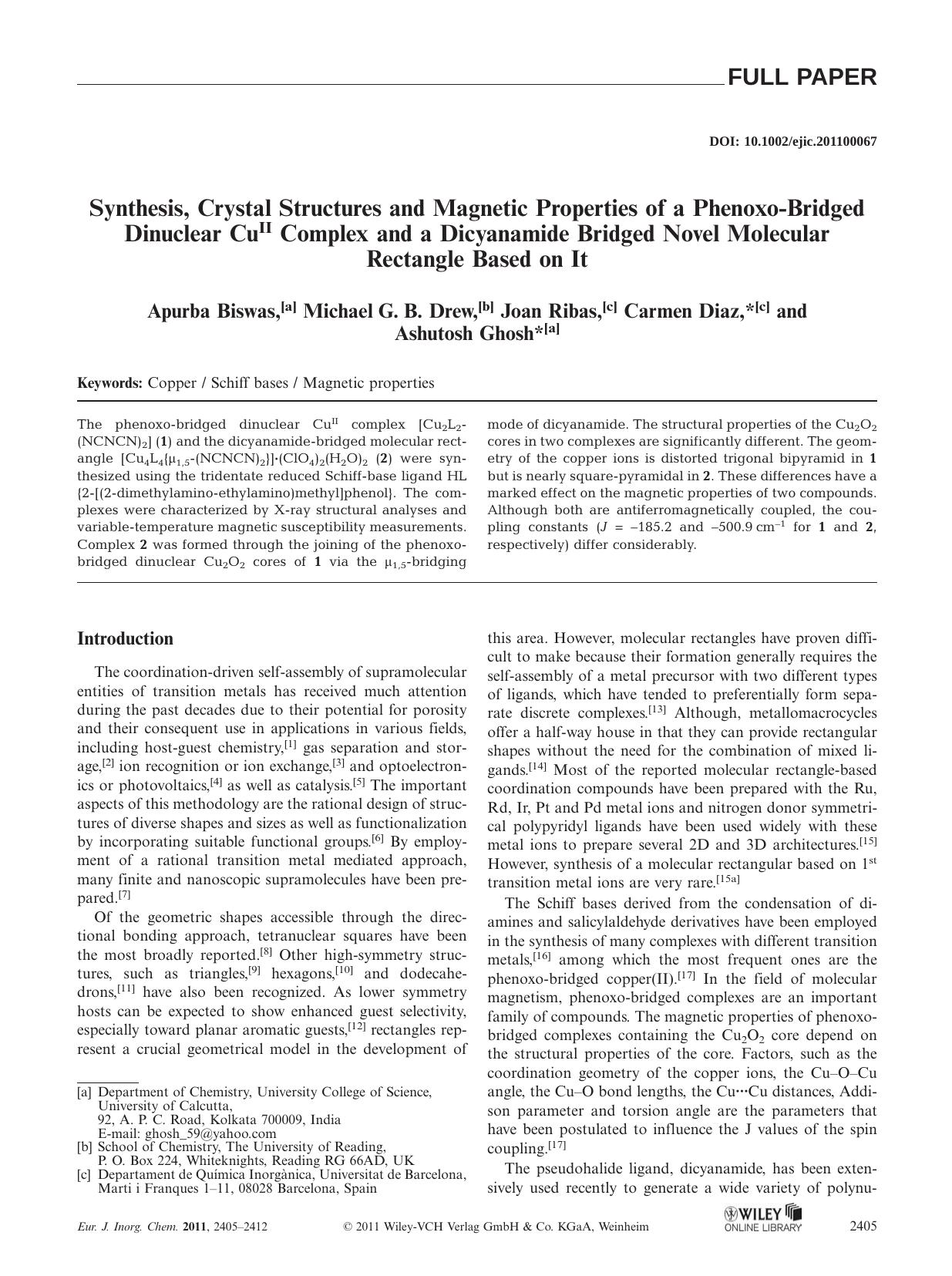 Synthesis, Crystal Structures and Magnetic Properties of a PhenoxoBridged Dinuclear CuII Complex and a Dicyanamide Bridged Novel Molecular Rectangle Based on It by Unknown