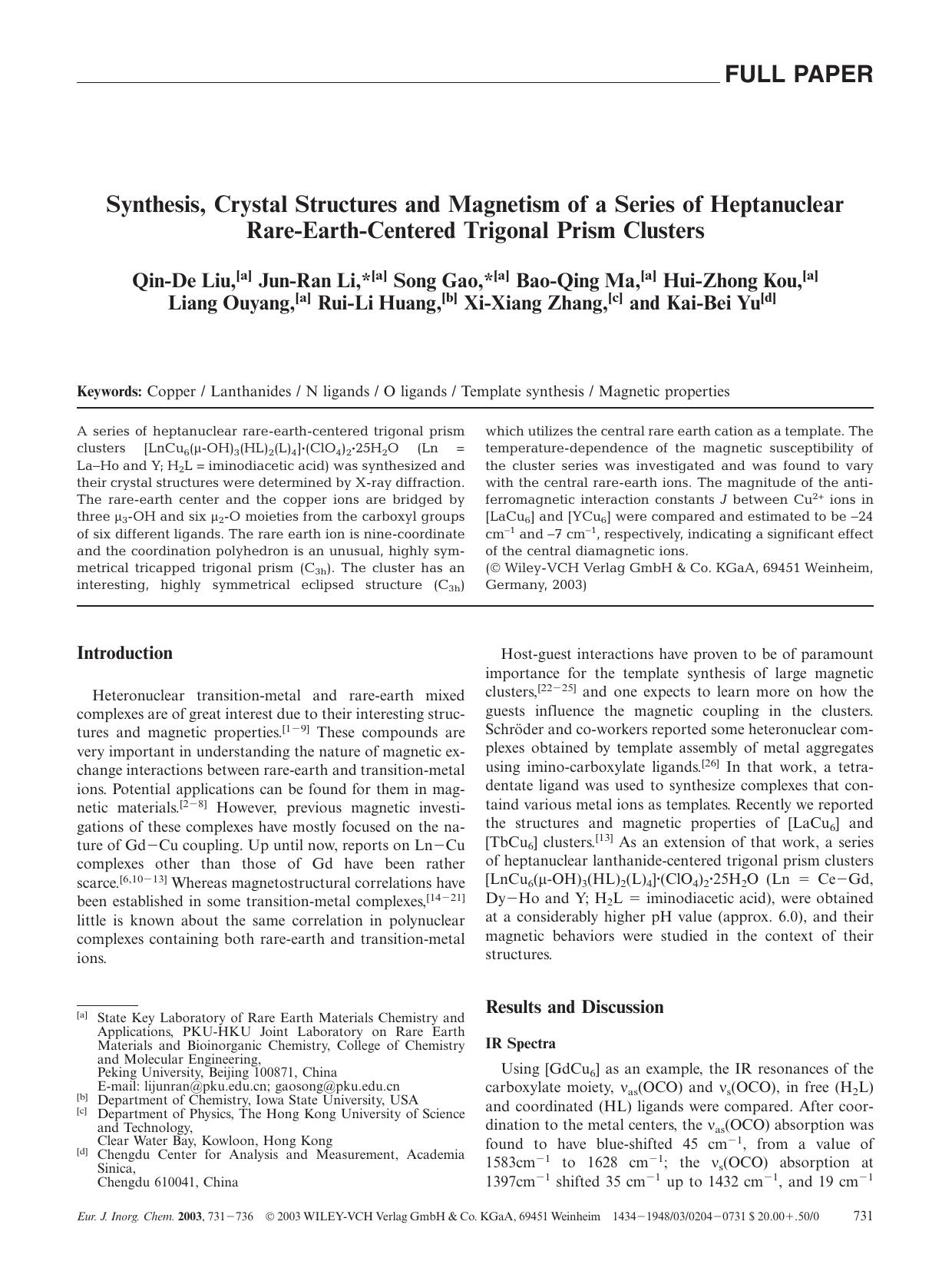 Synthesis, Crystal Structures and Magnetism of a Series of Heptanuclear Rare-Earth-Centered Trigonal Prism Clusters by Unknown