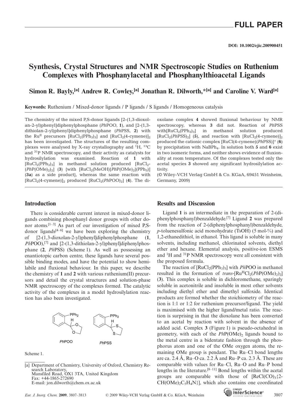 Synthesis, Crystal Structures and NMR Spectroscopic Studies on Ruthenium Complexes with Phosphanylacetal and Phosphanylthioacetal Ligands by Unknown
